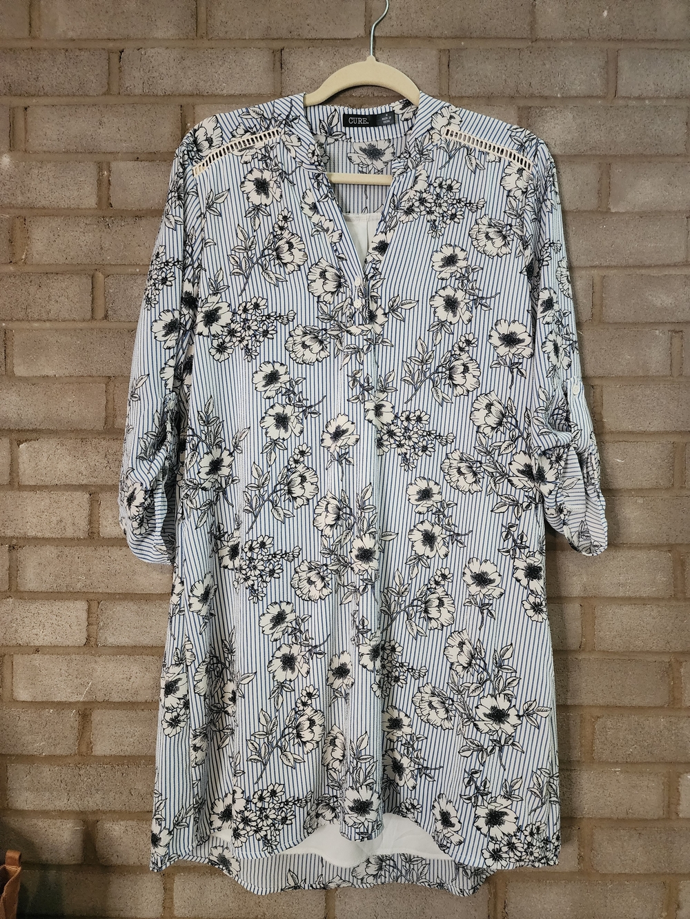 Cure Charming Floral Stripe Women’s Tunic Dress - Blue/White